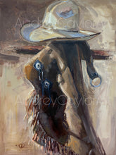 Load image into Gallery viewer, “Dusted” 40x30x1.5 Western Chaps and Cowboy Hat painting on gallery wrapped canvas artwork
