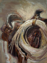 Load image into Gallery viewer, “R.T. Frazier” 40x30x1.5 Western Saddle and Braided Reata Rope acrylic painting on gallery wrapped canvas artwork
